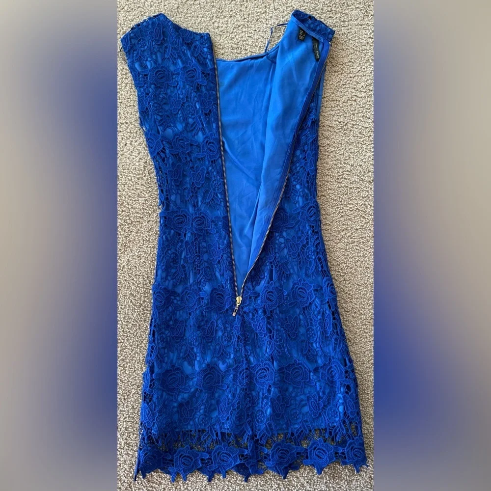 Mango Suit Royal Blue Floral Lace Sheath Dress Scalloped Hem Size 4 - Picture 10 of 11